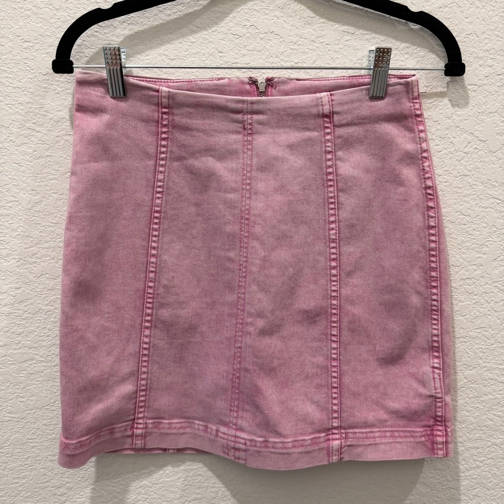 Free People Modern‎ Pink Acid Wash Denim Mini Skirt Size 6 High Waist Zipper